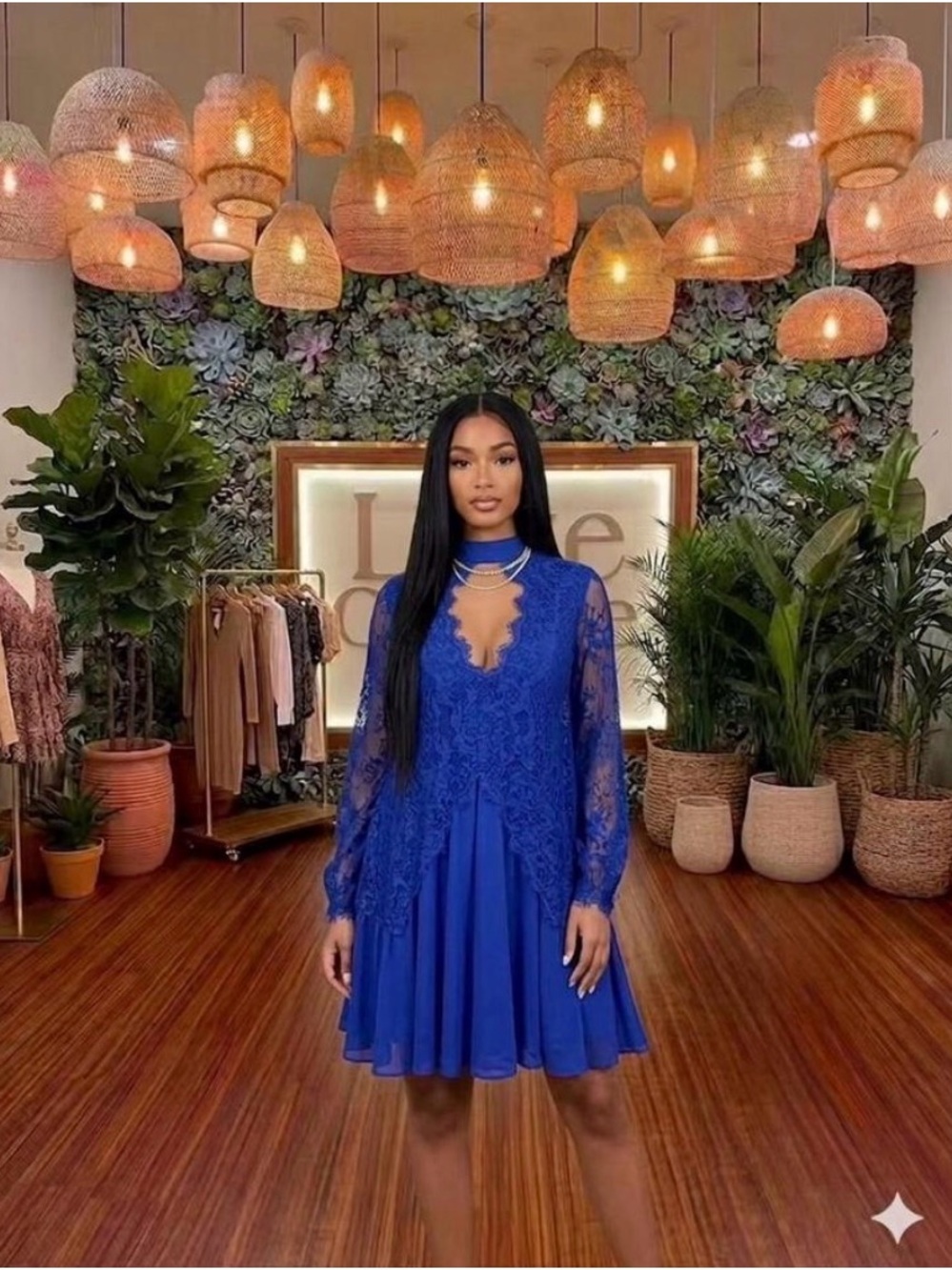 Free People Cobalt Lace Cutout Chest Long Sleeve Dress
